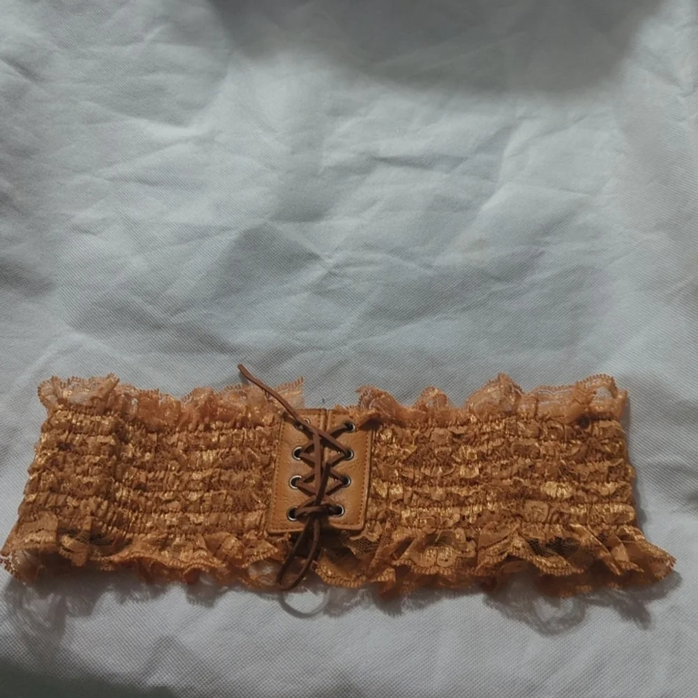 Caramel Brown Lace Faux Leather Lace Up Stretchy Statement Waist Cincher Belt